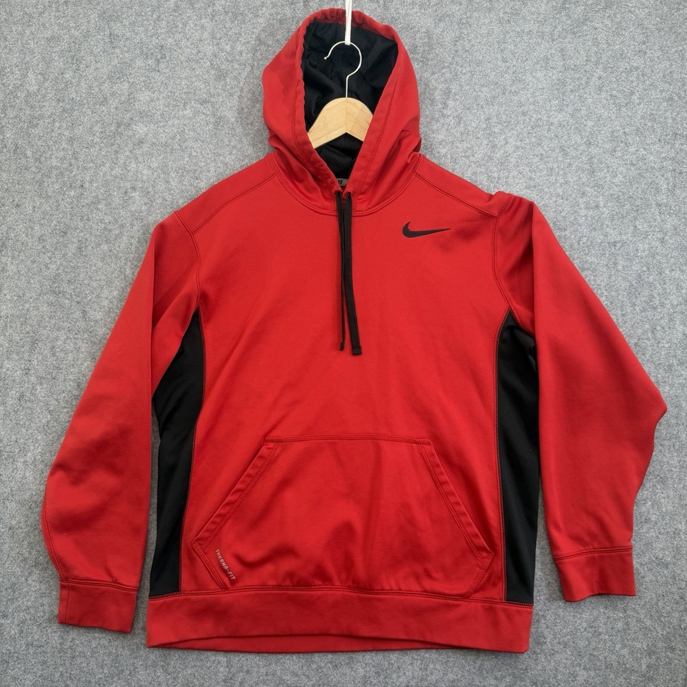 Nike Therma-Fit Hoodie Men's Large Red Black Swoosh Athletic Pullover Large